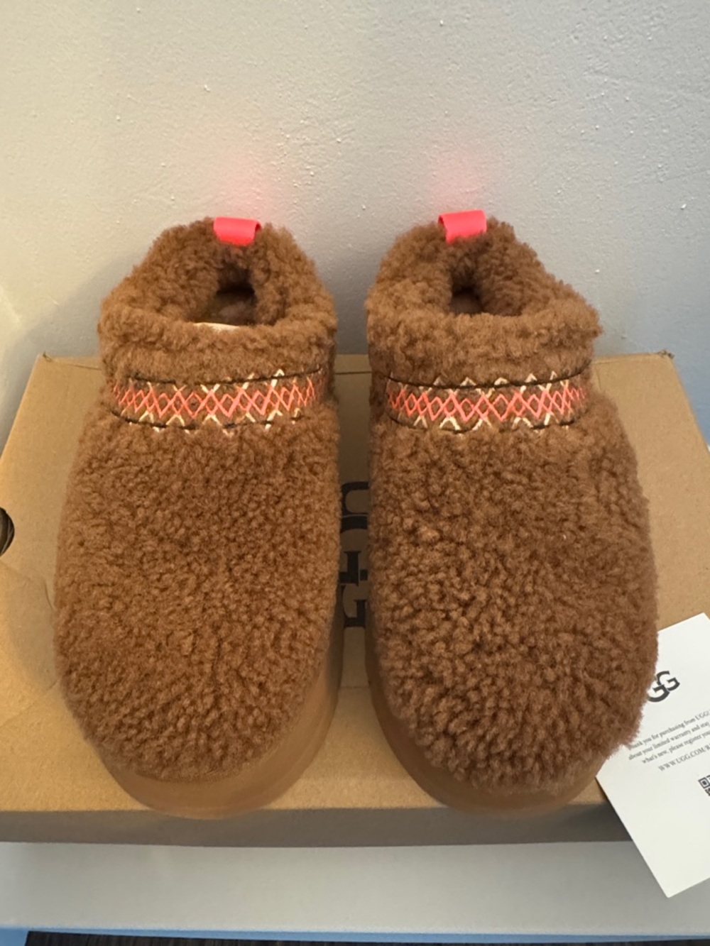 UGG Brown Sherpa Slippers with Coral Stitching